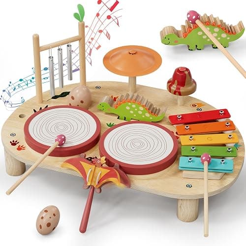 Lehoo Castle Baby Drum Set, Wooden Musical Instruments, Montessori Toys for Toddlers 1-3, Percussion Set with Xylophone Maracas Egg Shaker Drum Sticks, Preschool Christmas Birthday Gift - Image 1