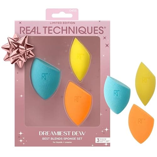 Real Techniques Dreamiest Dew 3 Piece Holiday Gift Set, Makeup Sponges For Blending Foundation & Concealer, Matte Or Dewy Base Application, Stocking Stuffer, Limited Edition, Latex-Free Foam - Image 1
