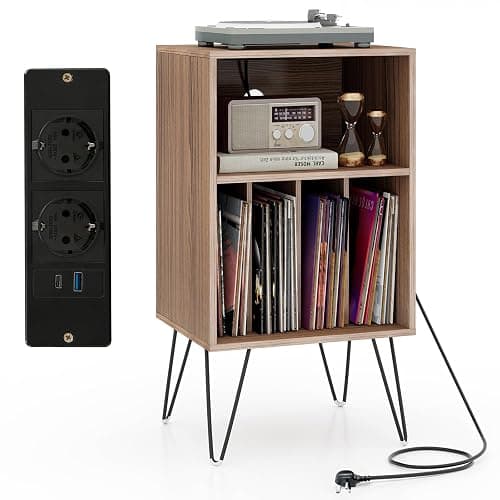 KOMFOTTEU Meuble Platine Vinyle avec 2 Prises Standard européenne, 1 USB,1 Type-C, Meuble Tourne-Disque, 5 Casiers, Table d’Appoint Multifonction, Pieds Métals, 48 x 40 x 88 cm (Couleur Noye) - Image 1