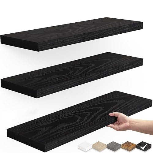 BAYKA Floating Shelves for Wall, Wall Mounted Rustic Wood Shelves for Bathroom, Bedroom, Living Room, Kitchen, Hanging Shelf for Books/Storage/Room Decor with 22lbs Capacity (Black, Set of 3, 15.7in) - Black - 15.7inches - Image 1