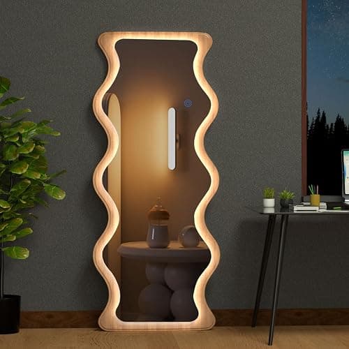 COOL2DAY 65" x 24" Led Full Length Mirror Wood Framed Wavy Full Body Mirror with Lights,Shatter-Proof Hanging/Leaning Irregular Wall Mirror Wooden Led Floor Mirror for Dressing Bedroom Living Room - 65"L x 24"W - Image 1
