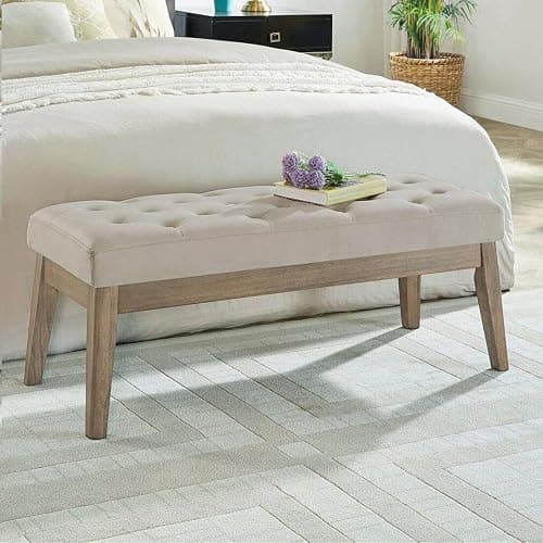 24KF Velvet Upholstered Buttons Tufted Entryway Bench with Solid Wood Leg,Bed Bench Ottoman with Padded Seat,5034-Taupe - Image 1