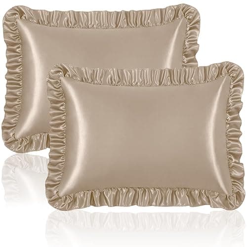 Homiest Ruffle Satin Pillowcase for Hair and Skin, Standard Size Satin Pillow Covers Silky Pillow Cases Set of 2, Satin Ruffled Pillowcase with Envelope Closure, Anti Wrinkle Pillow Shams (Taupe) - Image 1