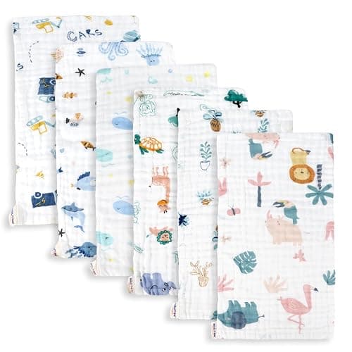 Maliton Muslin Baby Burp Cloths 6 Pack Large 20''x10'' 100% Cotton Burp Rags Absorbent and Soft 6 Layers Muslin Cloth Baby Washcloth Essentials for Newborn(Zoo Pattern, Pack of 6) - Image 1