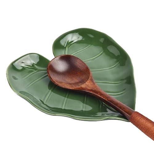 Ceramic Spoon Rest for Stove Top,Cute Green Leaf Shape Spoon Holder for Kitchen Countertop,Cooking Kitchen Spoon Rest Utensil Rest Spatula - Image 1