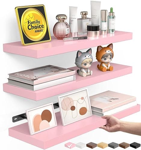 BAYKA Pink Floating Shelves 15.7in, Set of 3, Wall Mounted for Wall Decor | Easy Install, 22lbs Max Load, Hidden Bracket, Shelving for Bathroom Bedroom Kitchen Display Storage, Multi-Wall Compatible - Image 1