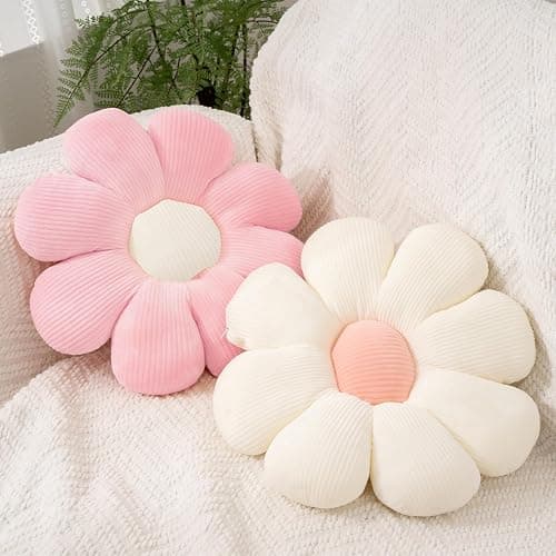 2 Pcs Preppy Pillow Flower Throw Pillows for Girls Aesthetic Room Decor Bedding, 15.35" Cute Pink Daisy Flower Shaped Decorative Throw Pillows for Bedroom Bed Couch Classroom (White+Pink, 15.35 Inch) - Image 1