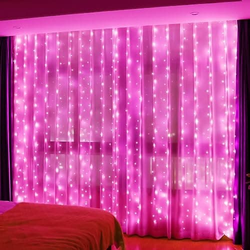 HXWEIYE 300LED Pink Fairy Curtain Hanging Lights with Remote 8 Modes Timer for Bedroom, 9.8x9.8Ft USB Plug in Christmas Fairy String Lights for Outdoor, Weddings, Party, Garden, Wall, Decorations - Pink - 300L-Silver Copper Wire - Image 1