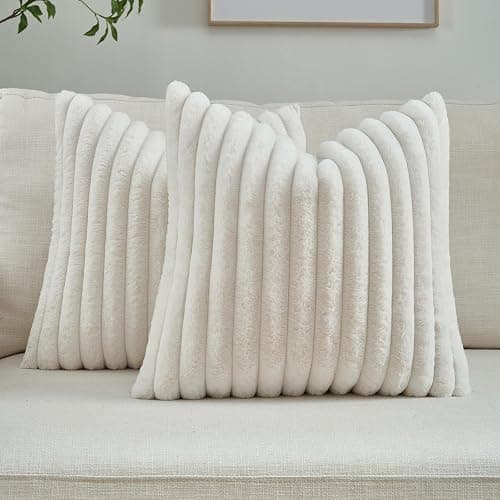 FUTEI Cream White Striped Decorative Throw Pillow Covers 18x18 Inch Set of 2,Square Fall Decorations Couch Pillow Case,Soft Cozy Faux Rabbit Fur & Velvet Back,Modern Home Decor for Bed - Cream White - 18" x 18" (Pack of 2) - Image 1