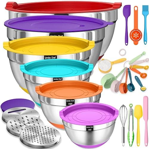 Umite Chef Thickened Heavy-Duty 26pcs Stainless Steel Bowl, Mixing Bowl Set with Lid, Grater Attachment, Colorful Non-Slip Bottom and Kitchen Gadget Set, Sizes 7, 4, 2.5, 2.0, 1.5, 1QT - Image 1