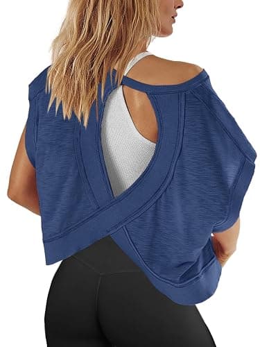 Panadila Womens Open Back Workout Top Oversized Workout T Shirts Backless Athletic Shirt Short Sleeve Baby Tee - Image 1
