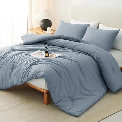 CozyLux Grayish Blue Full Size Comforter Set, 3 Pieces Dusty Blue Solid Breathable Quilted Bedding Sets, Luxury Soft Bed Set with Down Alternative Comforter All Season (1 Comforter & 2 Pillowcases) - Image 1
