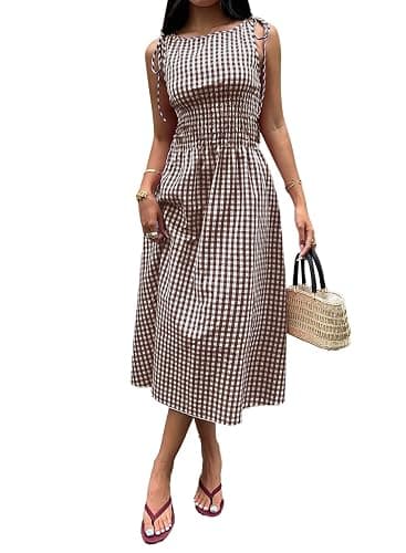 Acelitt Womens Gingham Dress Flowy Maxi Beach Sun Dresses | Cotton, Smocked Waist A Line, Long, Sleeveless, Adjustable Tie Shoulder, Pockets, Casual Spring Summer Outfits for Vacation - Image 1