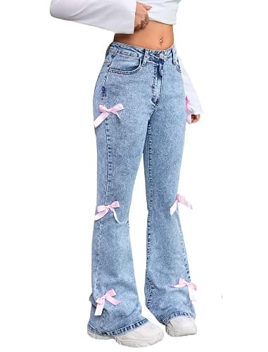 oyyniis Girls Jeans Flare/Bell Bottom Bow Jeans for Teen High Waist Cute Y2K Stretch Tween Denim Pants 8-16Y - Image 1