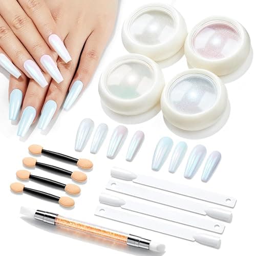 Modelones Chrome Nail Powder Set -4 Pearl Effect Pigment White Silver Chrome Powders for Gel Nails, with 1Pcs Silicone Nail Brushl, 4Pcs Cotton Swabs and 4Pcs Color Display Sticks - Image 1