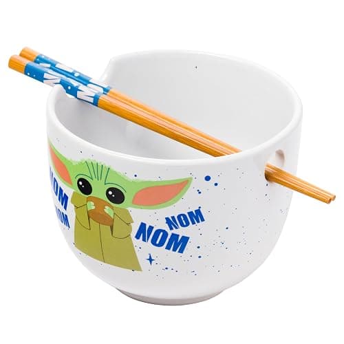Silver Buffalo Star Wars Mandalorian Baby Yoda Grogu Nom Nom Ceramic Ramen Noodle Rice Bowl with Chopsticks, Microwave Safe, 20 Ounces - Image 1