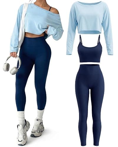 Cutecrop Women 3 Piece Seamless Workout Set High Waisted Leggings Athletic Bra Crew Neck Top Loose Yoga Gym Lounge Outfit - Image 1