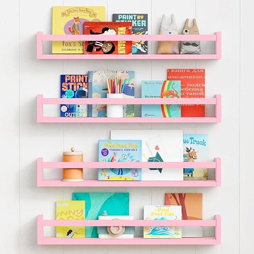 Forbena Large Kids Bookshelves for Girls Room Set of 4, Floating Book Shelves for Baby Girl Nursery Wall Deocr, 24 Inches Long Wall Mounted Bookshelf for Toddler Kid Child Teens Bedroom (Pink) - 23.6 Inch - Pink - Image 1