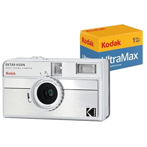 KODAK EKTAR H35N Half Frame Film Camera Bundle with Kodak Ultramax 400/24EXP 35mm Roll Film (Striped Silver, Bundle) - Image 1
