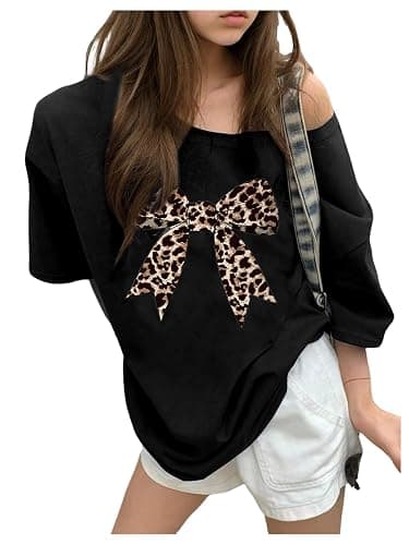 RoseSeek Girl's Off The Shoulder Tops Number Graphic Jersey Shirts Short Sleeve Oversized T Shirts Y2k Tops - 11 Years - Bowknot Black - Image 1