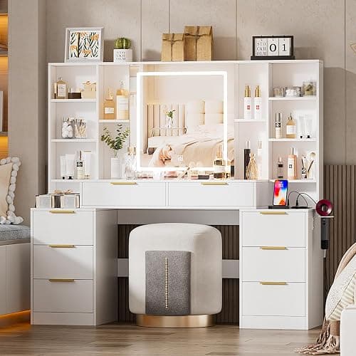 FURNJOYLIFE Large Makeup Vanity Desk with Lighted Mirror & Power Outlet,Dresser Table with 3 Lighting Modes Brightness Adjustable,Drawers,Shelves,Hair Dryer Stand for Bedroom,White (No Stool) - Image 1