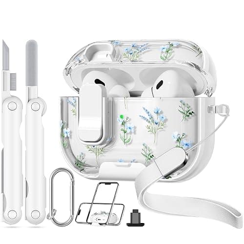 Skyconser with Safety Lock for Apple AirPods Pro 2nd 1st Case,Clear Floral Cute AirPods Pro 2 Case with Phone Stand & Cleaning Kit for Women Girly-Blue Narcissus - Image 1