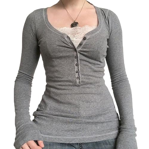 Fanvereka Women Lace Stitching V-Neck Fairy Crop Tops Y2K Long Sleeve Tight Shirt Spring Fall Downtown Girl Coquette Clothing - Image 1