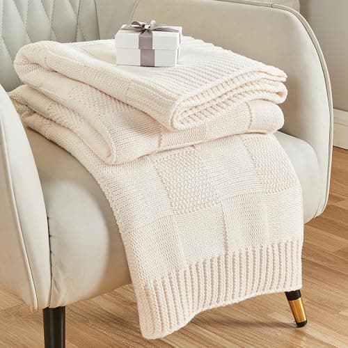 CozeCube Cream White Knitted Checkered Throw Blanket 60"X80" | Check Knit Throw for Couch, Decorative Christmas Soft Cozy Warm Blanket for Bed Sofa Living Room - Image 1