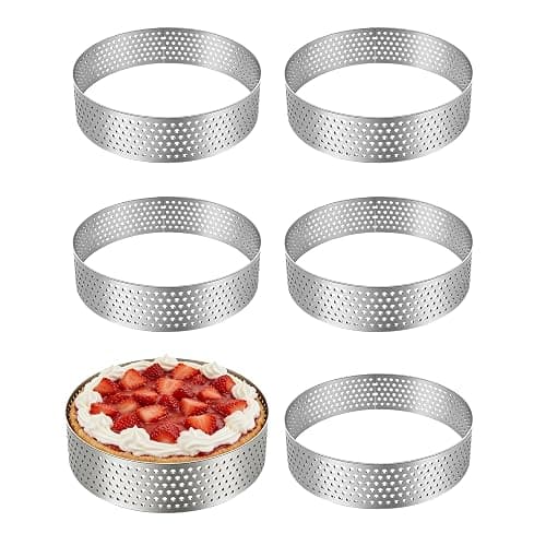 HX-pyahgtv 6 Stück Mousse Tartelette Förmchen, 10 cm Perforierte Dessertringe, Crumpet Rings für Mousse Torten Minikuchen Mini-Pizzen Pie Quiche, Hochwertige Backringe für Kochen & Backe - Image 1
