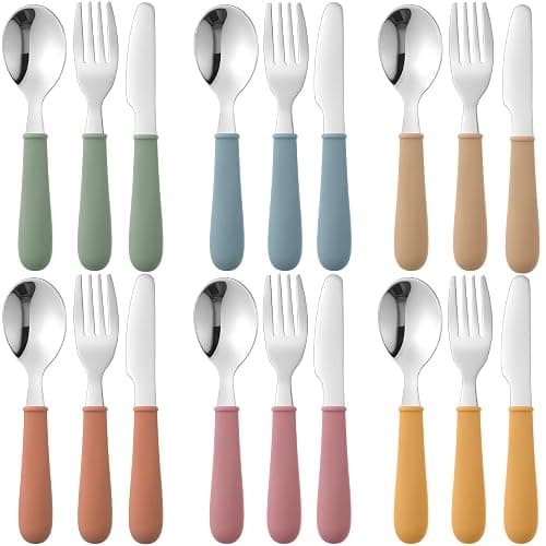 Sunnychicc 18 Pieces Toddler Utensils Kids Silverware with Silicone Handle Stainless Steel Toddler Fork Spoon Knife Set Children Flatware Set, 6 Colors - Image 1