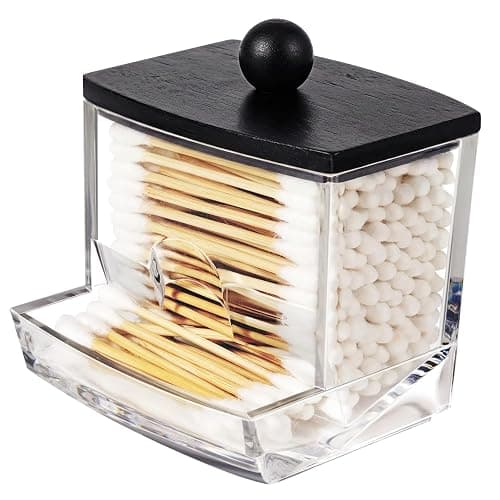 SheeChung 10 Oz Acrylic Qtip Holder Dispenser for Cotton Swabs, Clear Plastic Containers Apothecary Jars with Bamboo Lid, Bathroom Accessories, Vanity Organizers and Storage, Home Essentials-Black - Image 1