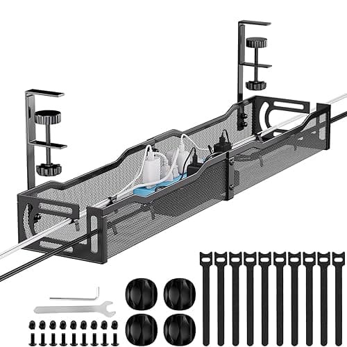 Mzmaxy Cable Management, 25'' Cable Management Under Desk No Drill, Metal Cord Organizer with Clamp for Standing Desk, Cable Organizer for Home Office, Black - Image 1