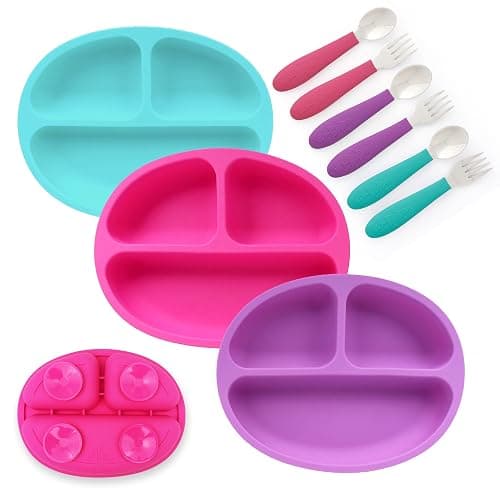 Elk and Friends Silicone Suction Plate for Babies/Toddlers + Stainless Steel Silverware Feeding Set | Divided Plate | Suction Design | Forks + Spoons Included | 3 Pack - Image 1