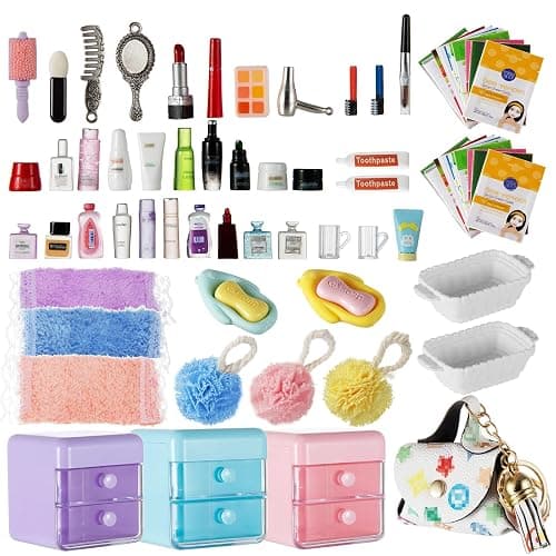 72Pcs Dollhouse Mini Jewelry Storage Case Handbag Towel Cosmetic Set Bathroom Acessories Toothbrush Shampoo Perfume Hair Dryer Comb Purse Decor DIY Doll Backpack Girl Micro Scene - Image 1