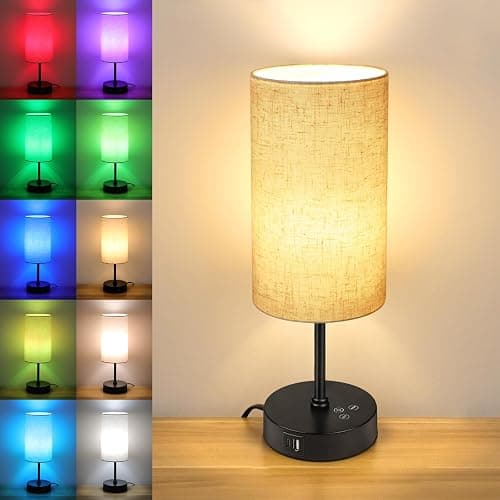 3CCT Bedside Table Lamp, RGB Color Changing for Ambience, Small Dimmable Lamp with Dual USB Charging Ports, Touch Control Lamp for Bedroom, Dorm, Home Office, Living Room, Beige Shade - Image 1