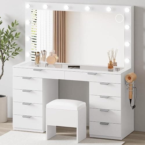 DWVO Vanity Desk Set with Mirror & Power Outlets, Vanity Table with Stool, 12 LED Bulbs, 3 Dimmable Light Colors, 10 Drawers, Hair Dryer Rack & Magnifying Mirror - Image 1