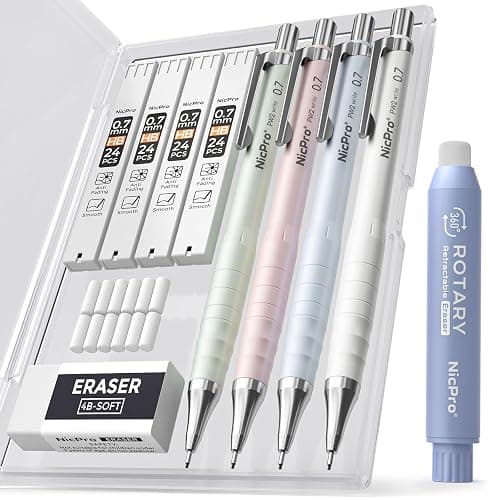 Nicpro Cute Mechanical Pencil Set, 4PCS 0.7mm Pastel Drafting Pencils with 4 Tube HB Lead Refills, 4B Erasers, Rotary Retractable Eraser and Eraser Refill for Writing Sketching Back to School Supplies - Image 1