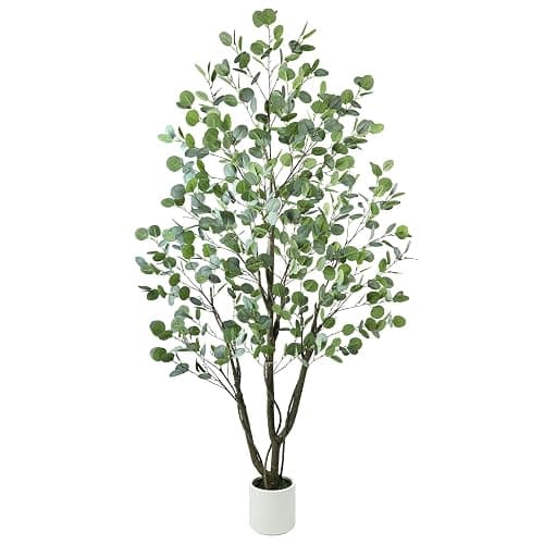 Caxchiling Artificial Eucalyptus Tree 6FT, Fake Tree for Indoor Outdoor, Lifelike Faux Large Floor Plants with Heavy Trunk with Vines and Moss Topper, Home Office Decor for Living Room Bedroom Doorway - Image 1