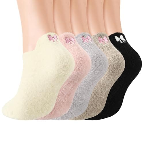 Skicuff 5 Pair Women Bow Fuzzy Socks Stuff Coquette Pink Cozy Fluffy Ankle Slipper Socks for Women Girls Preppy Stuff - Image 1