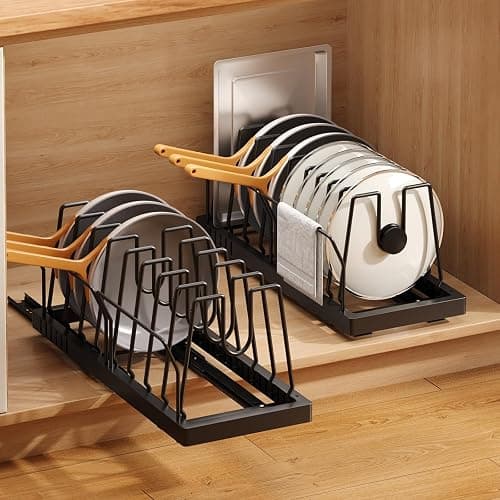 Mustorn 2 Pack Pots and Pans Organizer Under Cabinet, 21.6" Deep Pull Out Pot Lid Organizer Holder with Guardrail Adhesive Pot and Pan Holder Rack with 10 Adjustable Dividers(Black) - Image 1