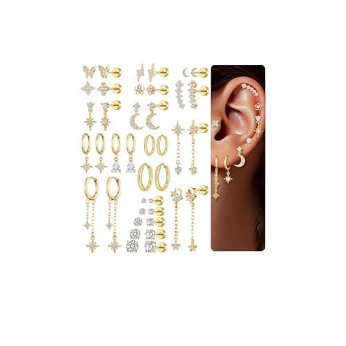 20 Pairs 40pcs Gold Flat Back Earrings Hypoallergenic Cartilage Earring for Women,Mix of 10pcs Hoops,30pcs Studs,Dazzling Helix & Tragus Piercing Jewelry,20G Screw Back Earrings Sets for Multiple Piercing - Image 1