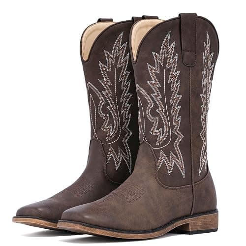 IUV Cowboy Boots For Women Square Toe Western Boots Mid Calf Cowgirl Boots Pull On Embroidered Brown Cowboy Boots - 4.5 - Dark Brown - Image 1