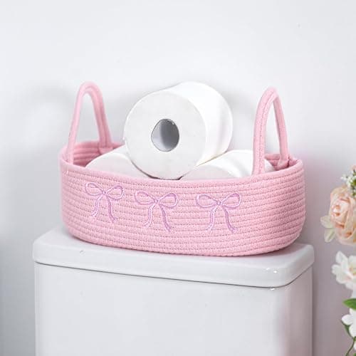 Vesici Pink Bow Woven Storage Basket for Toilet Tank Top Boho Cotton Rope Bathroom Countertop Organizer Basket with Handle Pink Bathroom Decor for Bedroom Nursery Toys Organizing, 13 x 6 x 4 Inch - Image 1