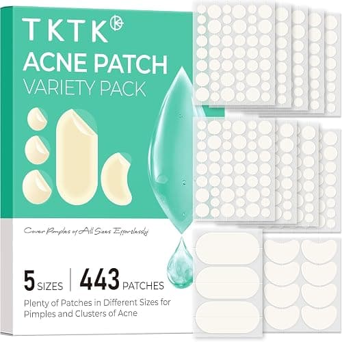 TKTK 443 Count Pimple Patches for Face, Hydrocolloid Acne Cover Patch Bulk | Pimple Stickers for Cheeks, Forehead, Chin Blemishes Zit & Breakouts, All Skin Types, Dots, Strips, Contoured 5 Sizes Variety - Image 1