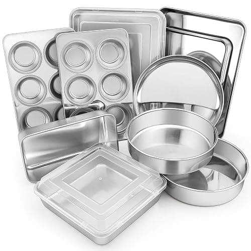 E-far 12-Piece Stainless Steel Bakeware Sets, Metal Baking Pan Set Include Round Cake Pans, Square/Rectangle Baking Pans with Lids, Cookie Sheet, Loaf/Muffin/Pizza Pan, Non-toxic & Dishwasher Safe - Image 1