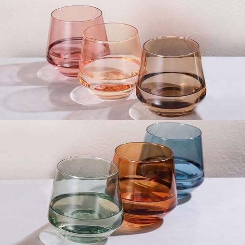 Colorsavant Stemless Wine Glasses Set 6【Colored Wine Glasses Stemless】 Multi Color Short Tumbler【14oz】 Colored Glassware for Wine or Soft Drinks,Unique Wine Gifts for Women Birthday Wedding - Colored - Image 1