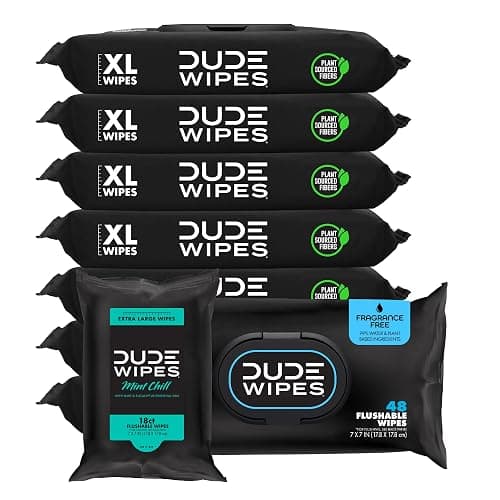 DUDE Wipes - Flushable Wipes - 8-Pack, 384 Count - Unscented + Mint Chill Travel Pack 1-Pack, 18-Count - Extra-Large - Vitamin-E & Aloe - Septic and Sewer Safe - Image 1