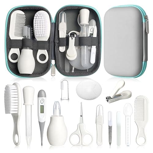 Baby Grooming Kit, Infant Safety Care Set with Hair Brush Comb Nail Clipper Nasal Aspirator,Baby Essentials Kit for Newborn Girls Boys (Grey White) - Image 1