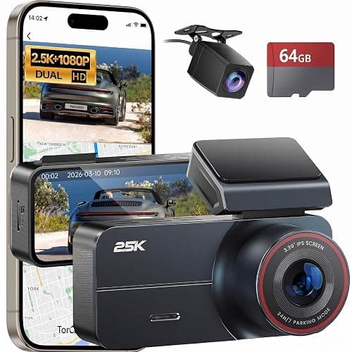 Yonvim 2.5K Dash Cam Front and Rear with 64GB Card, Car Camera WiFi & GPS, 3.39" IPS Screen, WDR Night Vision, Parking Monitor, G-Sensor Dash Camera - Image 1