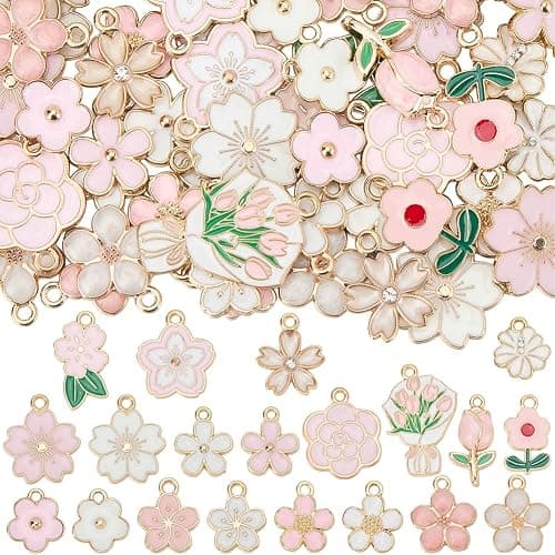 SUNNYCLUE 1 Box 80Pcs 20 Styles Pink Flower Charms Floral Charms Bulk Alloy Enmal Colorful Spring Cute Flowers Charm for Jewelry Making Charms DIY Crafting Necklaces Bracelets Earrings Supplies Gifts - Image 1